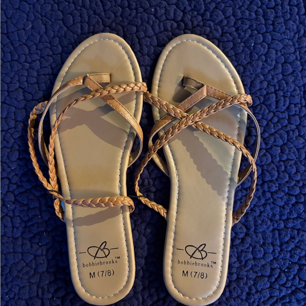 Bobbie Brooks Tan Flat Sandals with Braided Straps